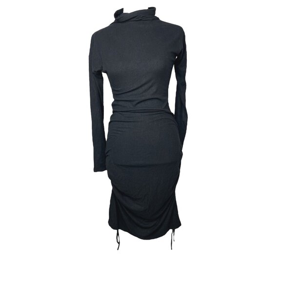 Anthropologie Saturday/Sunday Black Ribbed Long-Sleeve Dress With Drawstring XS - Picture 12 of 13